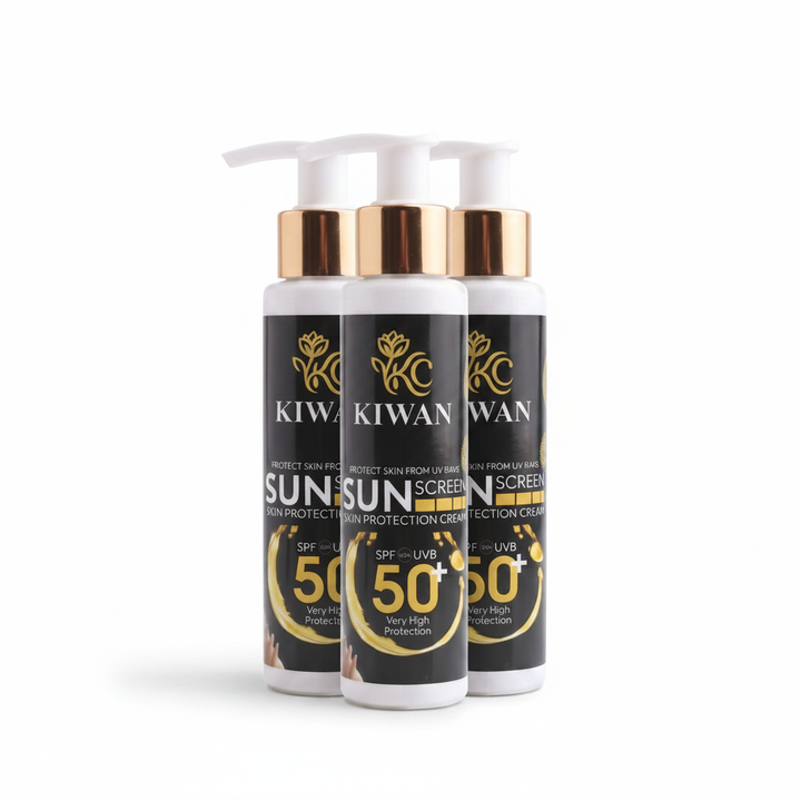 Three Kiwan SPF 50+ sunscreen bottles isolated on a clean white background