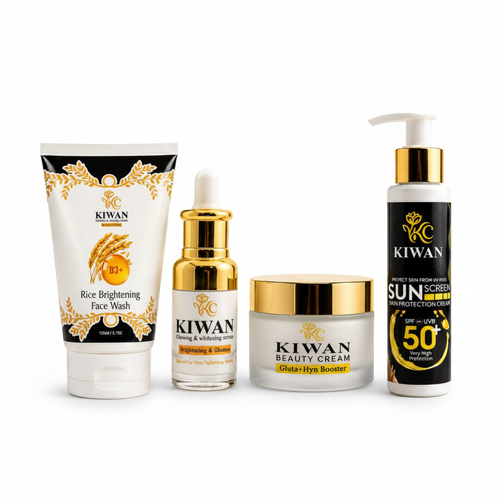 Kiwan face wash, brightening serum, beauty cream, and SPF 50+ sunscreen isolated on a clean white background