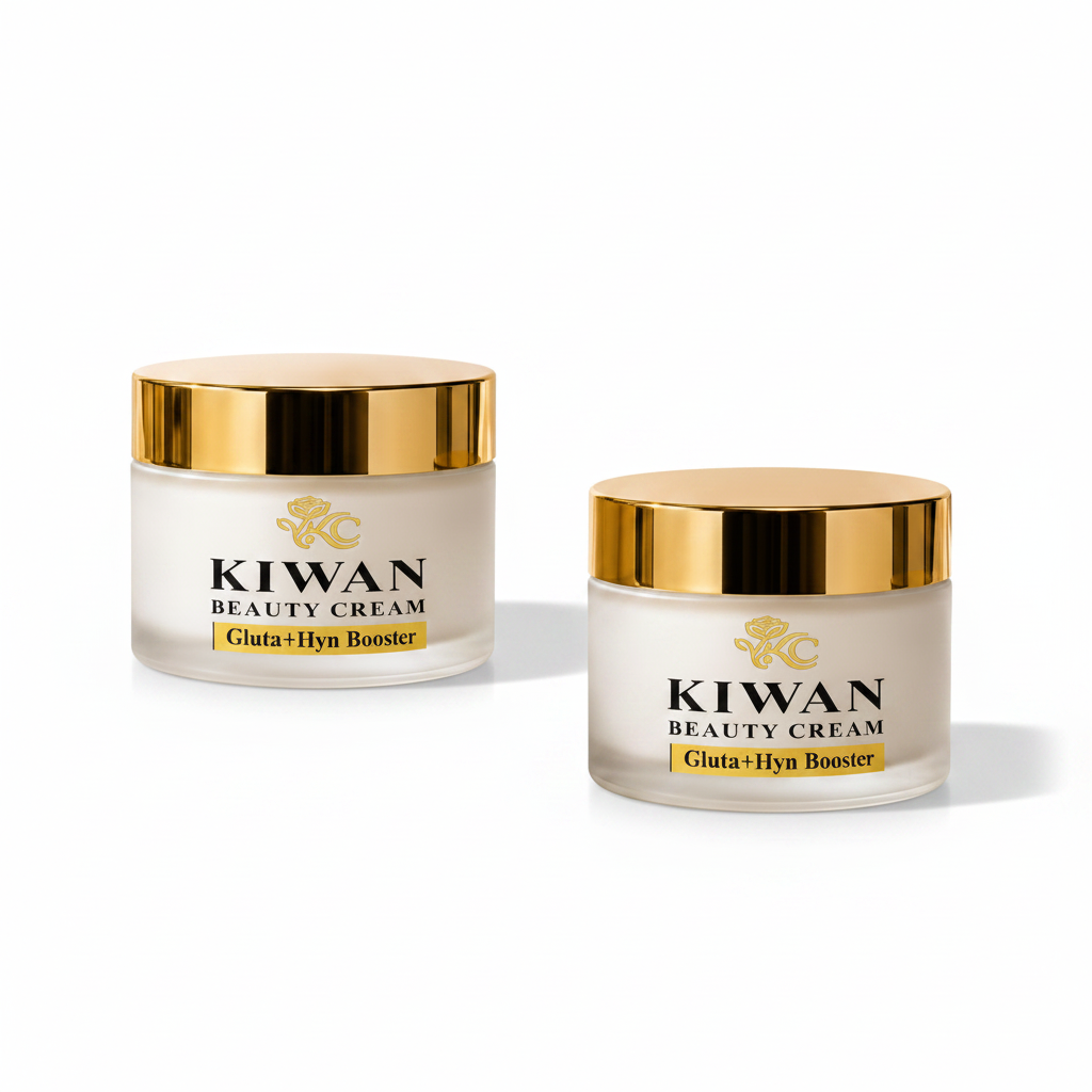 Two Kiwan Beauty Cream Gluta+Hyn Booster jars isolated on a clean white background