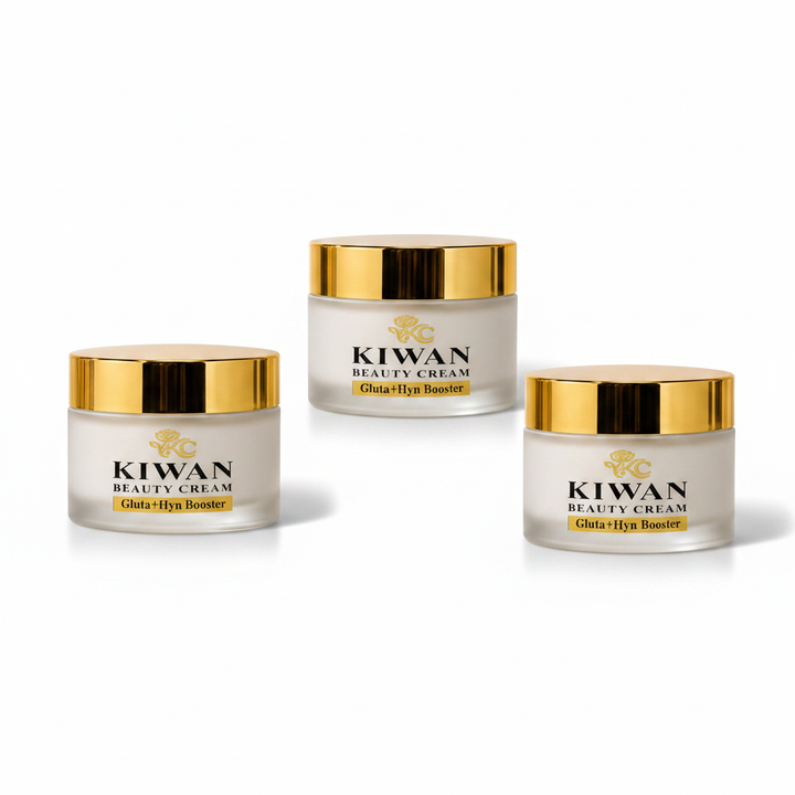 Three Kiwan Beauty Cream Gluta+Hyn Booster jars isolated on a clean white background