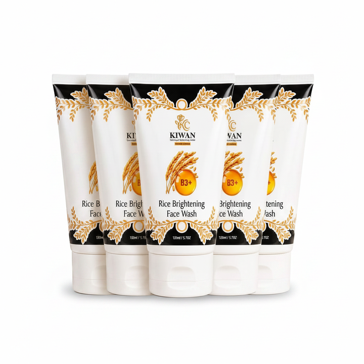 Five Kiwan Rice Brightening Face Wash tubes isolated on a clean white background