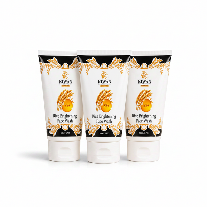 Three Kiwan Rice Brightening Face Wash tubes isolated on a clean white background