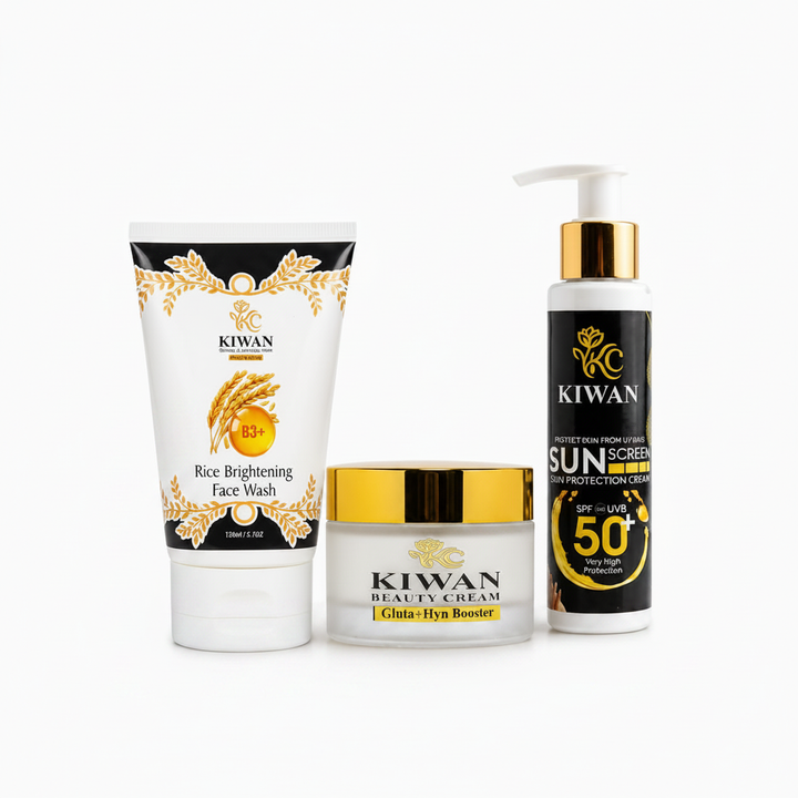 Kiwan Rice Brightening Face Wash, Beauty Cream, and SPF 50+ Sunscreen isolated on a clean white background