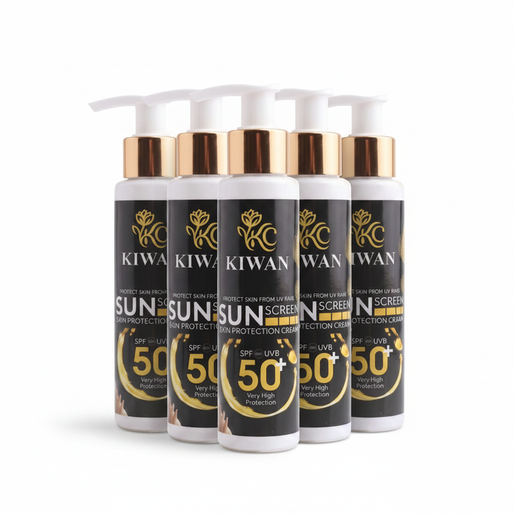 Five Kiwan SPF 50+ sunscreen bottles isolated on a clean white background