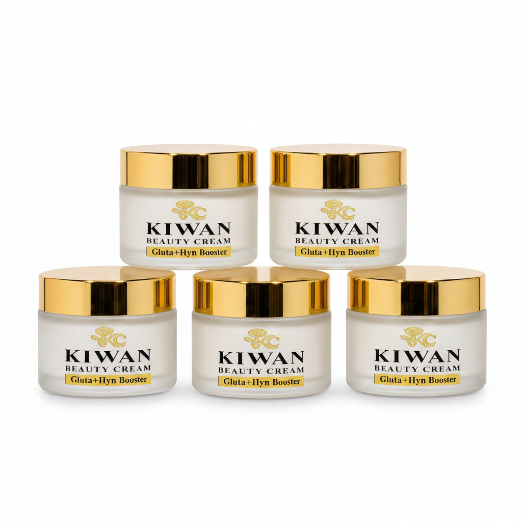 Five Kiwan Beauty Cream Gluta+Hyn Booster jars isolated on a clean white background