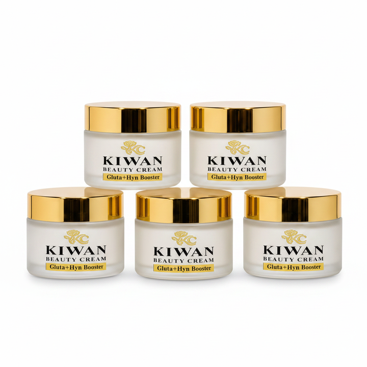 Five Kiwan Beauty Cream Gluta+Hyn Booster jars isolated on a clean white background